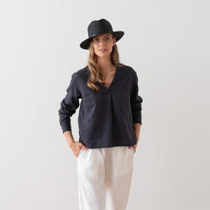 Woman linen shirt L- KARO BLUE